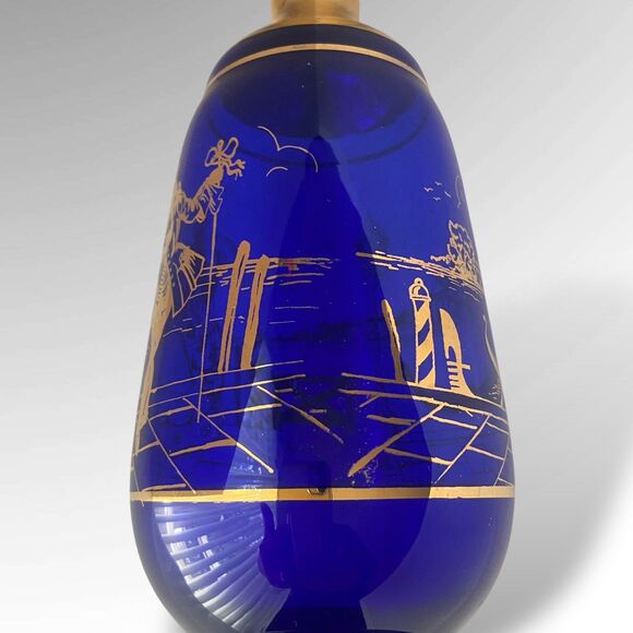 Vintage Cobalt Blue Gold Venetian Glass Decanter 10" Gondola Courting Scene 17oz - Picture 5 of 10